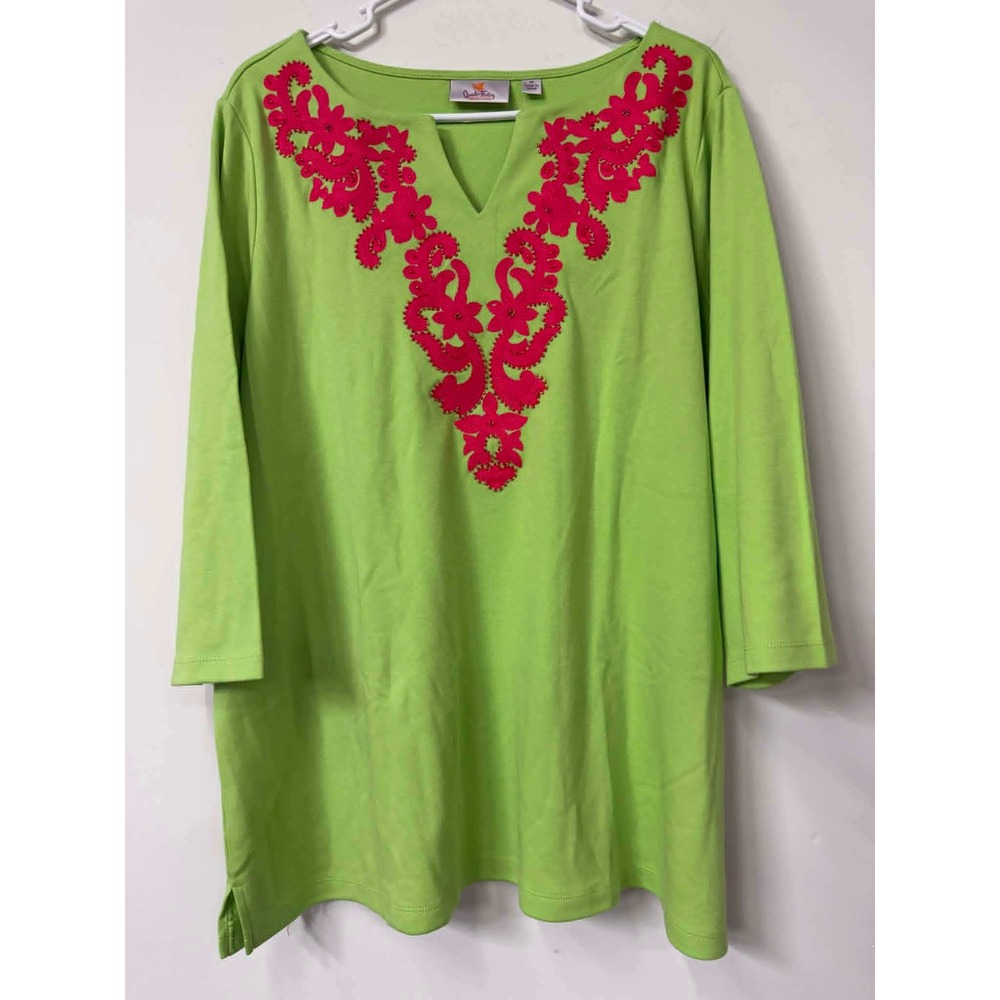 Quacker Factory 1X‎ Green Pink Floral Beaded Embroidered Tunic Top 3/4 Sleeve